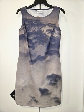LE GALERISTE Cloud-Print Sleeveless Mini Dress in Blue and Cream
